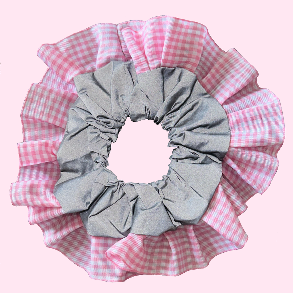 Pink Gingham High Visibility Reflective Hair Scrunchie for Running & Walking