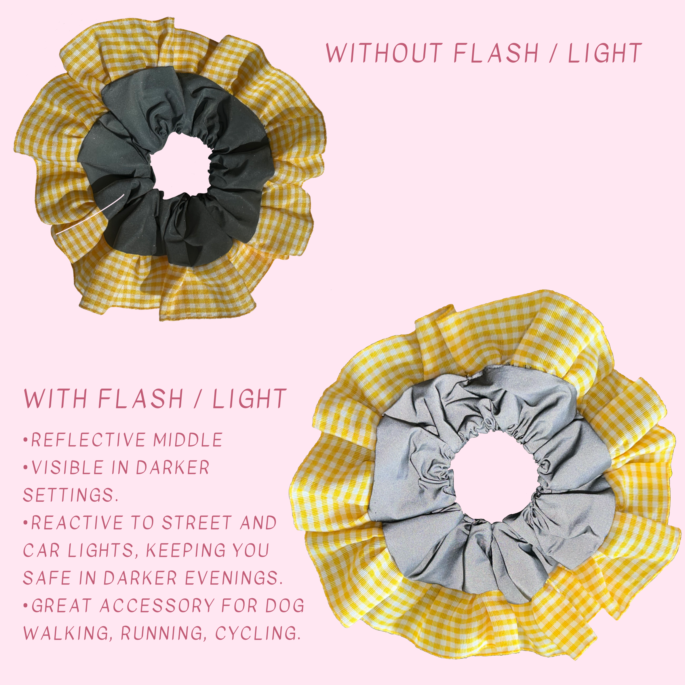 Yellow Gingham High Visibility Reflective Hair Scrunchie for Running & Walking