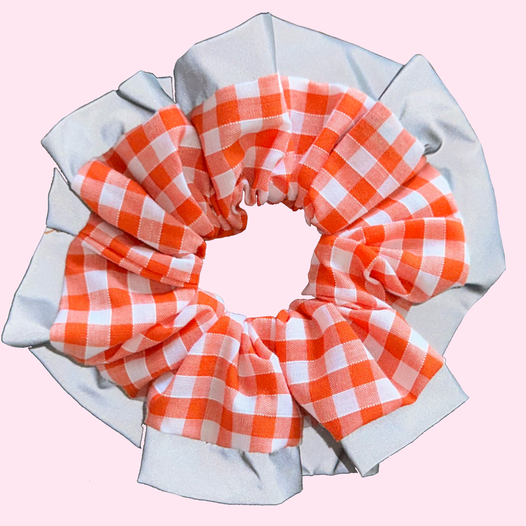 Orange Gingham High Visibility Reflective Hair Scrunchie for Running & Walking with Reflective Trim