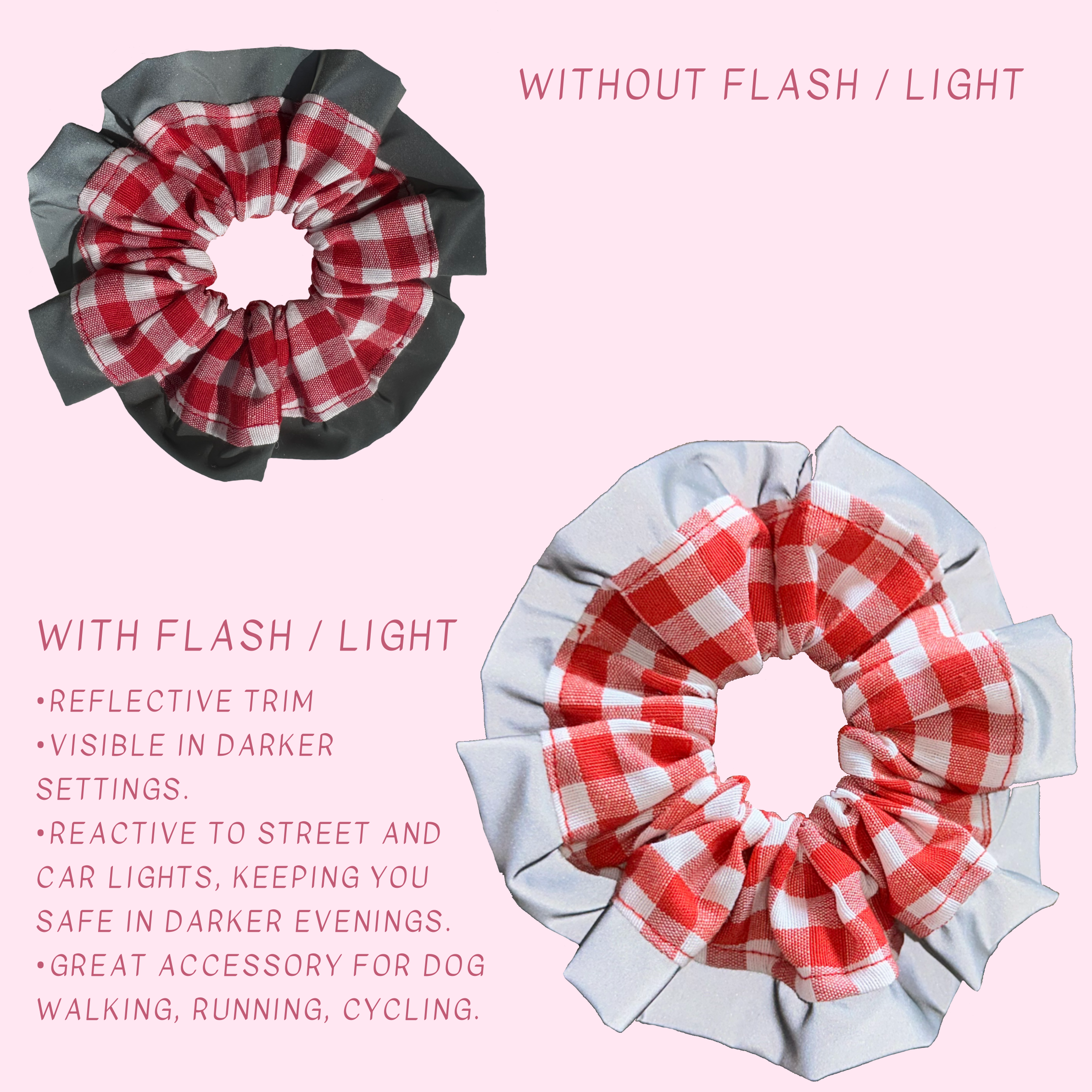 Red Gingham High Visibility Reflective Hair Scrunchie for Running & Walking with Reflective Trim