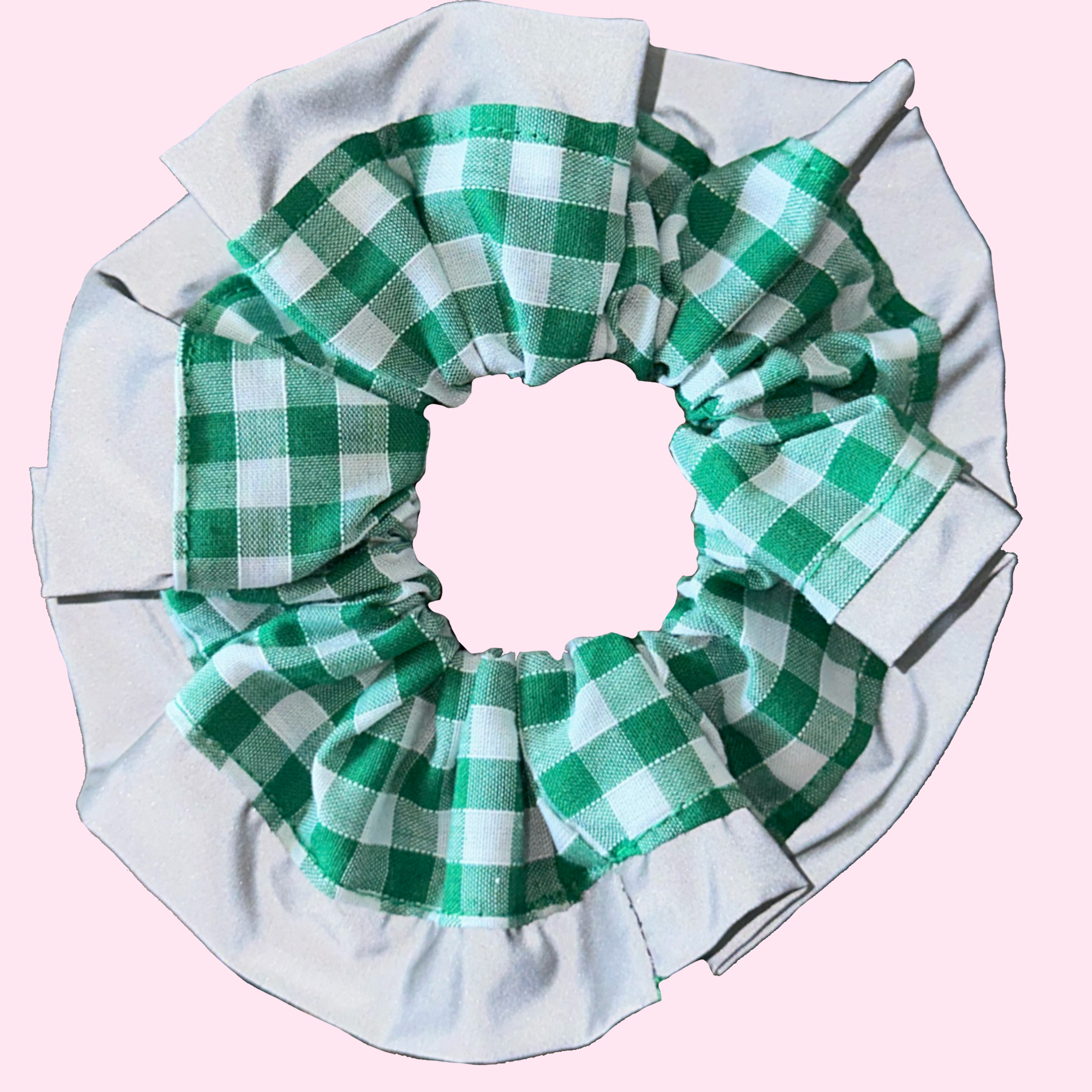 Green Gingham High Visibility Reflective Hair Scrunchie for Running & Walking with Reflective Trim