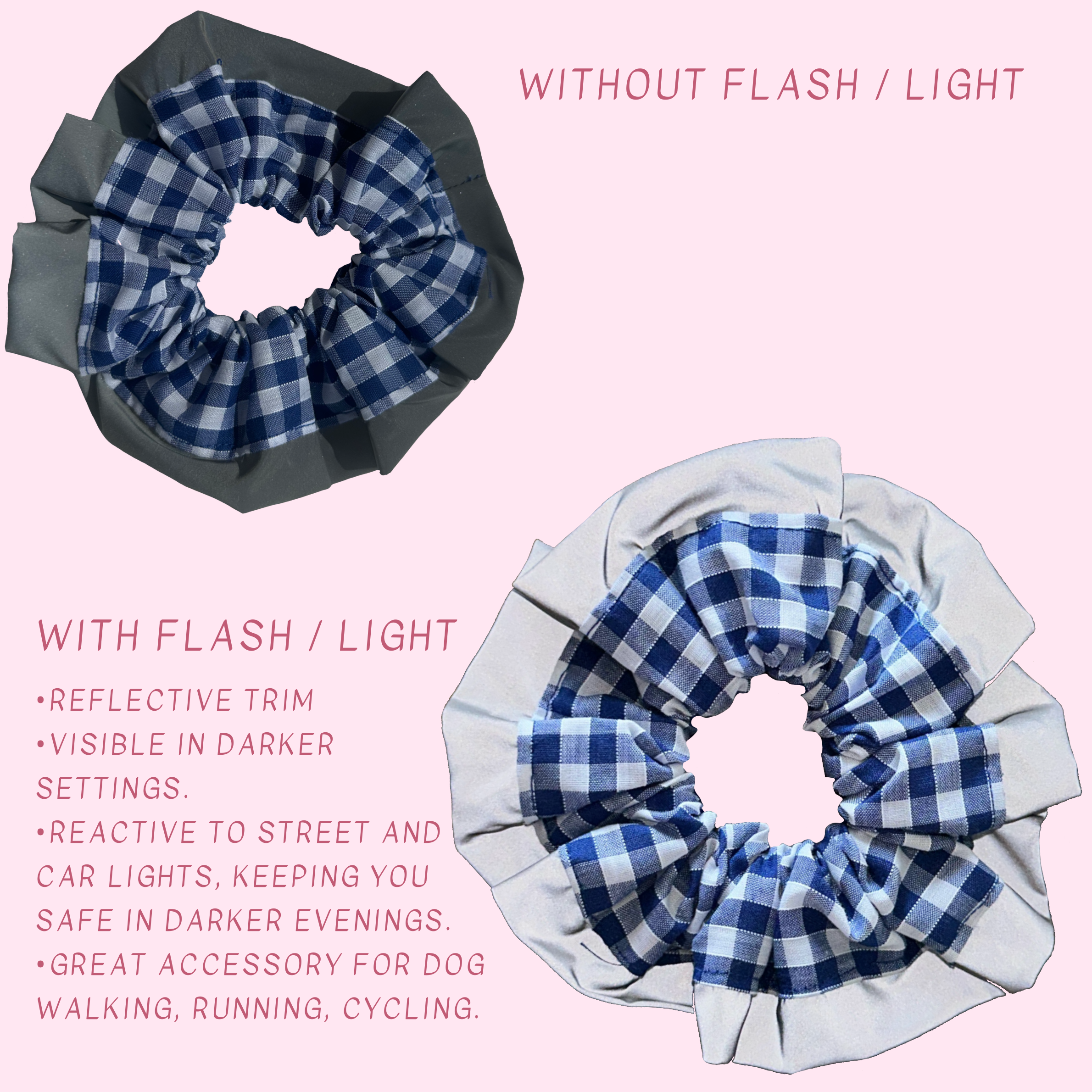 Blue Gingham High Visibility Reflective Hair Scrunchie for Running & Walking with Reflective Trim