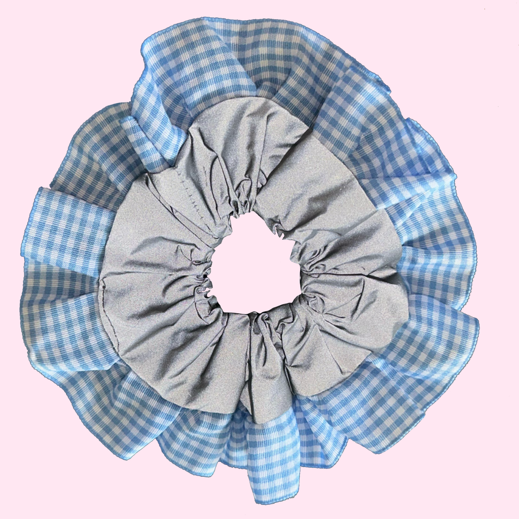 Blue Gingham High Visibility Reflective Hair Scrunchie for Running & Walking