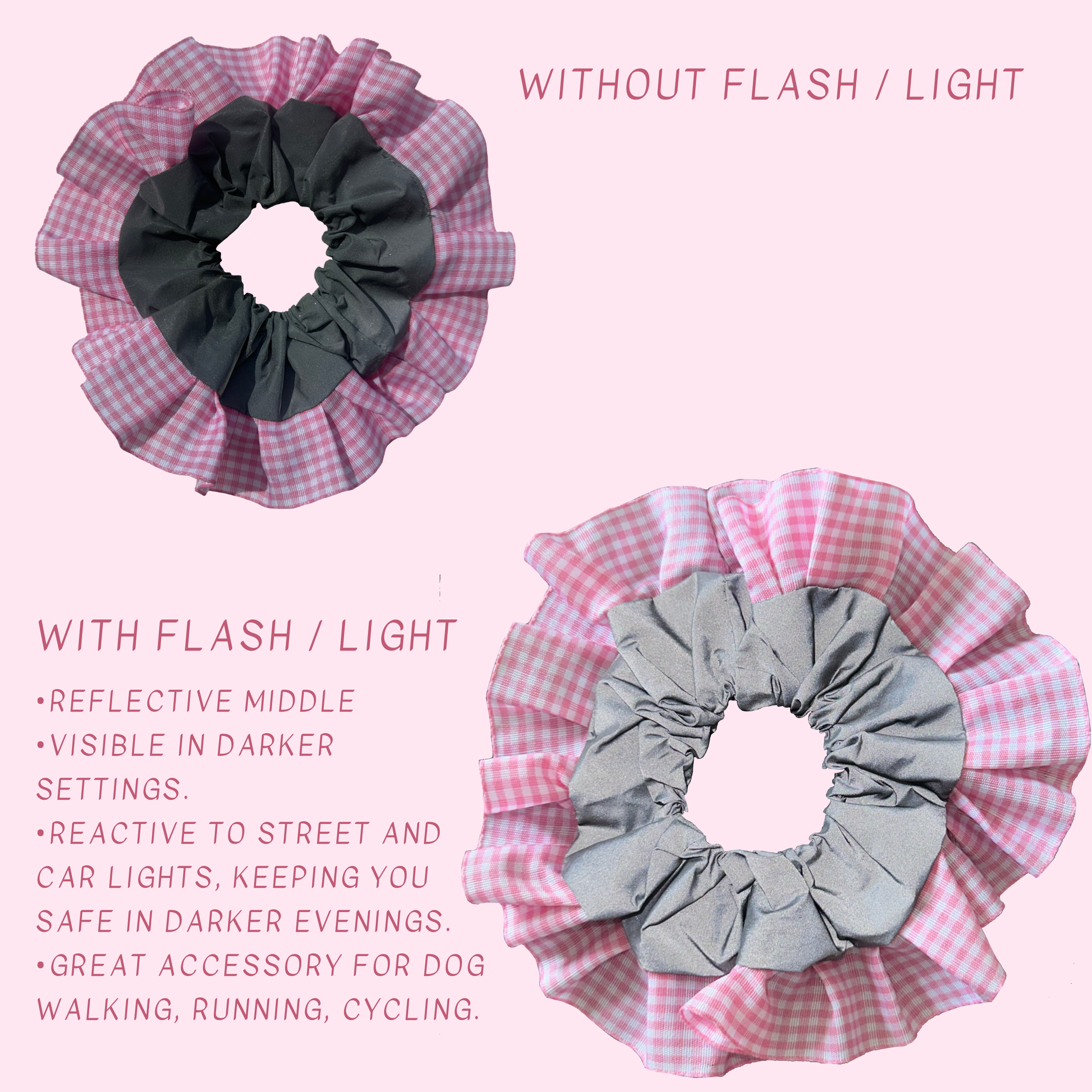 Pink Gingham High Visibility Reflective Hair Scrunchie for Running & Walking