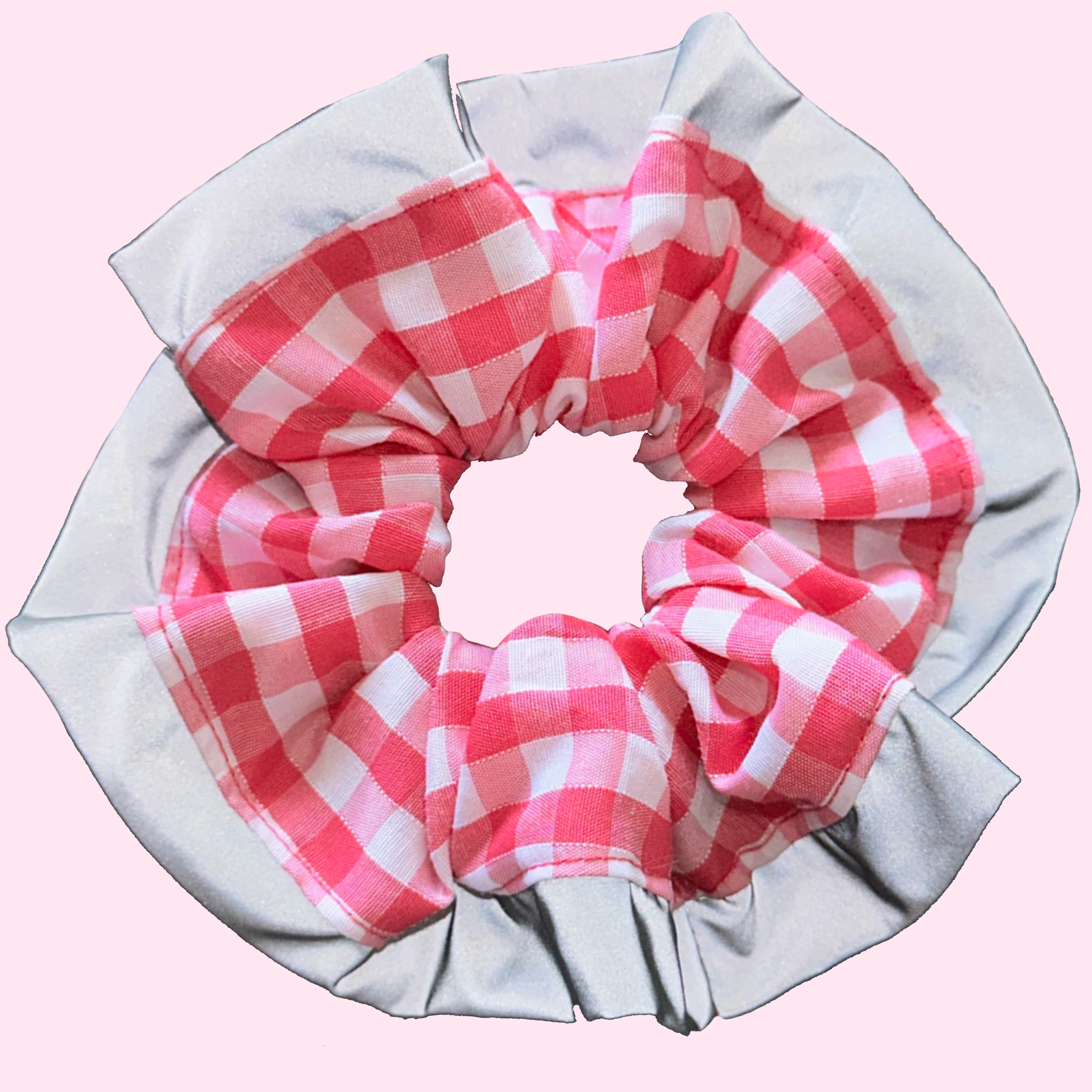 Pink Gingham High Visibility Reflective Hair Scrunchie for Running & Walking with Reflective Trim