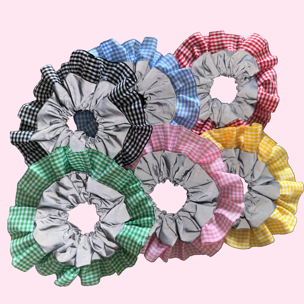 Black Gingham High Visibility Reflective Hair Scrunchie for Running & Walking