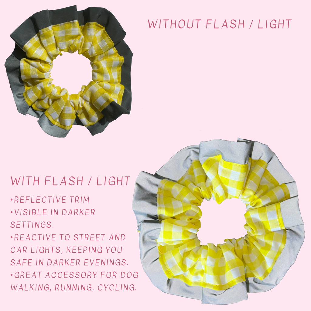 Yellow Gingham High Visibility Reflective Hair Scrunchie for Running & Walking with Reflective Trim