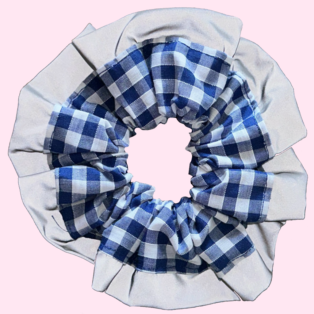 Blue Gingham High Visibility Reflective Hair Scrunchie for Running & Walking with Reflective Trim
