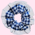 Blue Gingham High Visibility Reflective Hair Scrunchie for Running & Walking with Reflective Trim