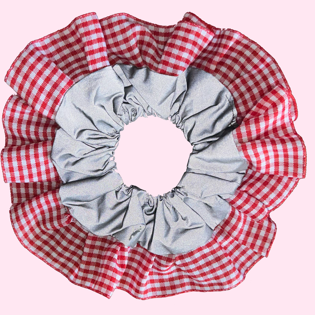 Red Gingham High Visibility Reflective Hair Scrunchie for Running & Walking