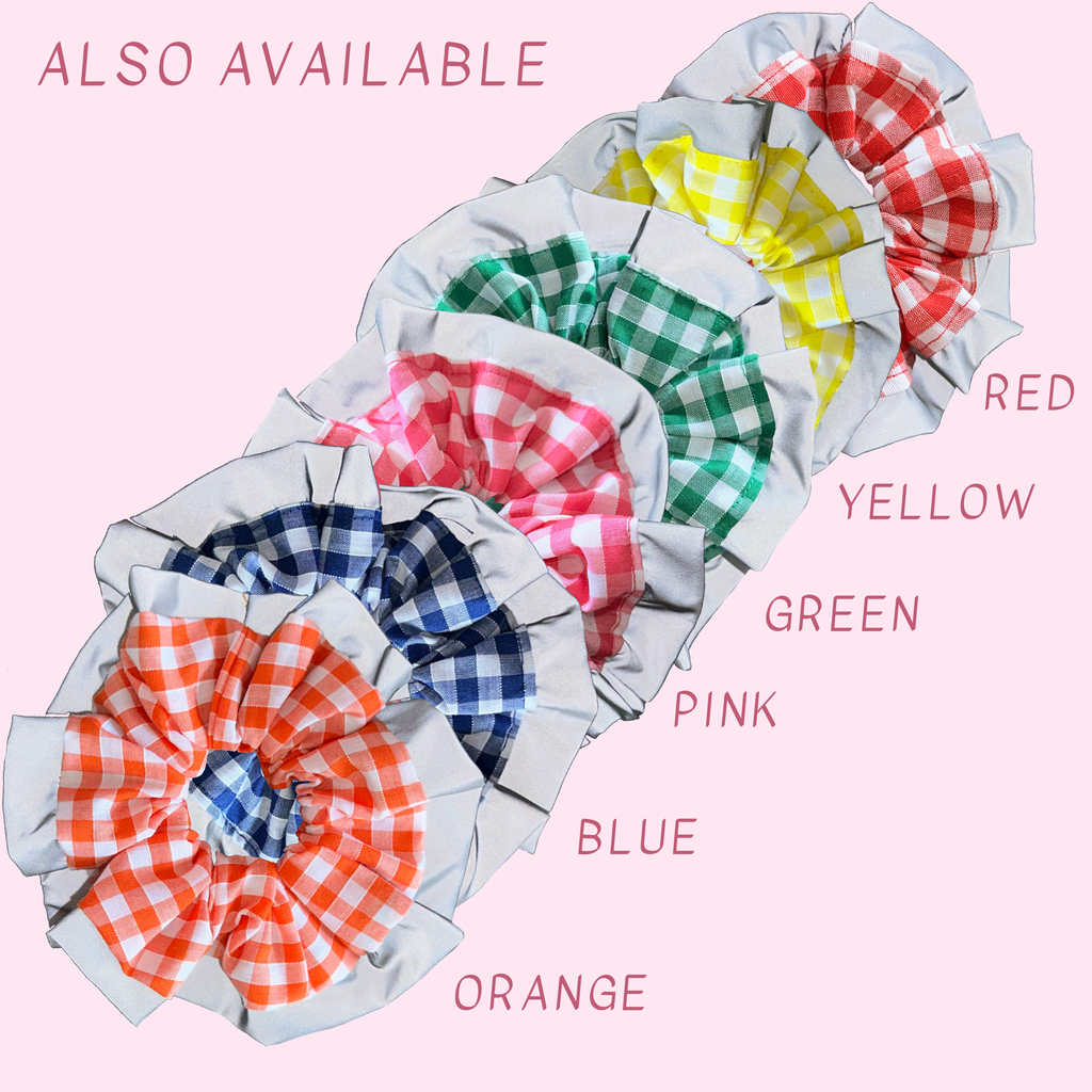 Blue Gingham High Visibility Reflective Hair Scrunchie for Running & Walking with Reflective Trim