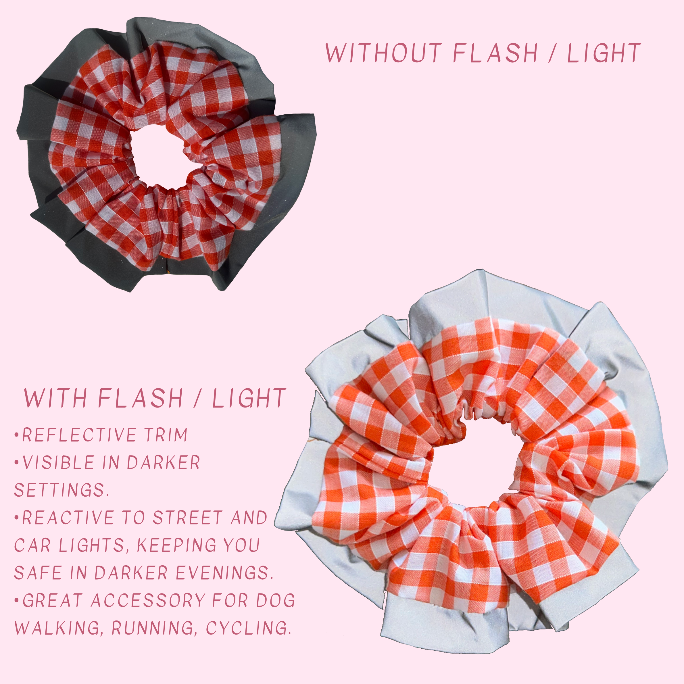 Orange Gingham High Visibility Reflective Hair Scrunchie for Running & Walking with Reflective Trim