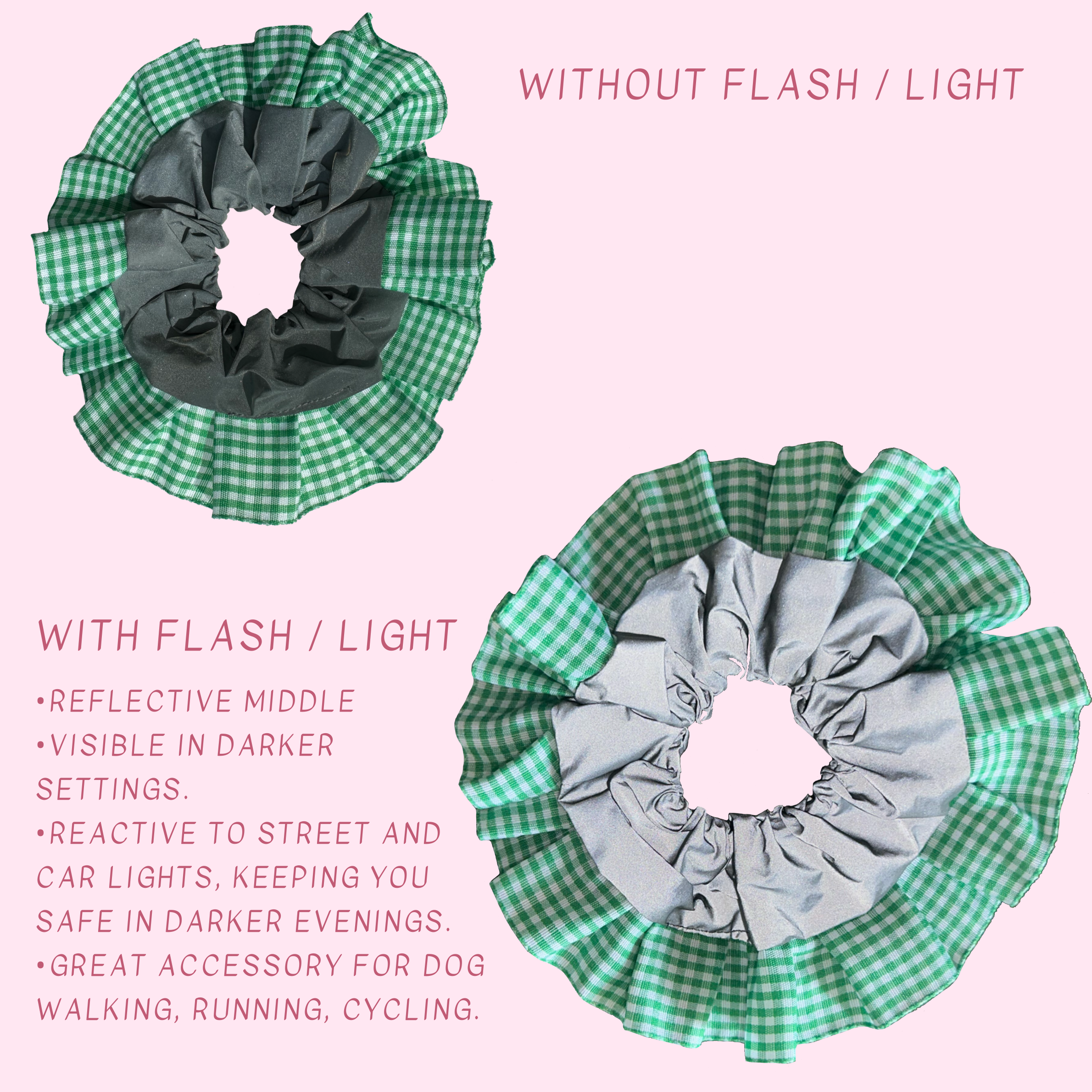 Green Gingham High Visibility Reflective Hair Scrunchie for Running & Walking