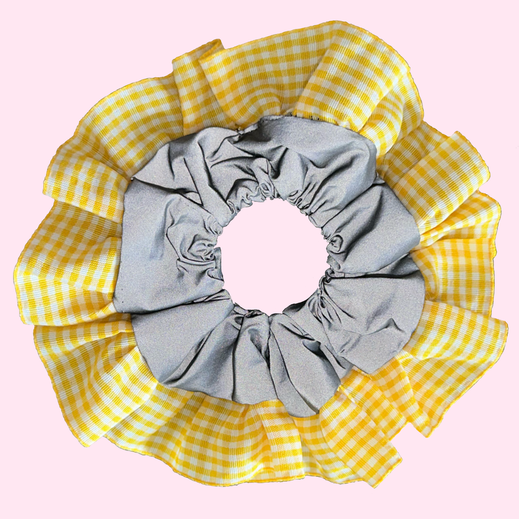 Yellow Gingham High Visibility Reflective Hair Scrunchie for Running & Walking
