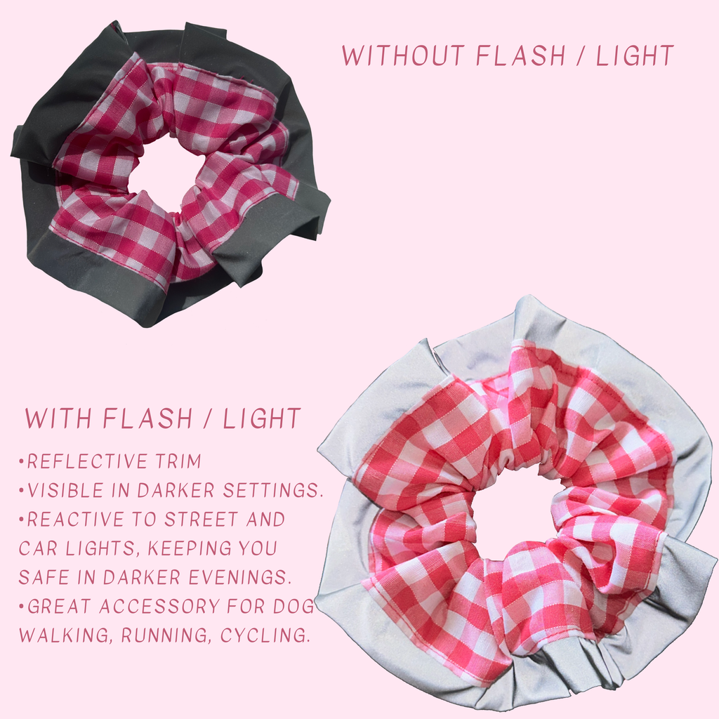 Pink Gingham High Visibility Reflective Hair Scrunchie for Running & Walking with Reflective Trim