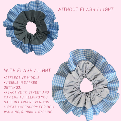 Blue Gingham High Visibility Reflective Hair Scrunchie for Running & Walking