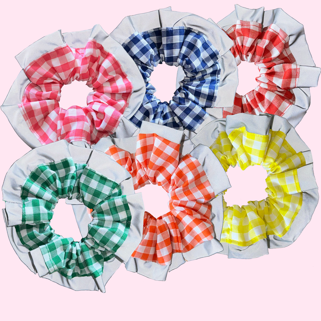 Blue Gingham High Visibility Reflective Hair Scrunchie for Running & Walking with Reflective Trim