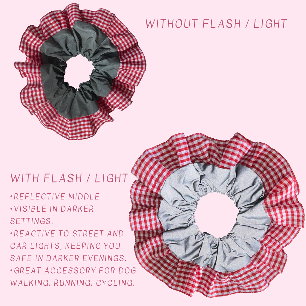 Red Gingham High Visibility Reflective Hair Scrunchie for Running & Walking
