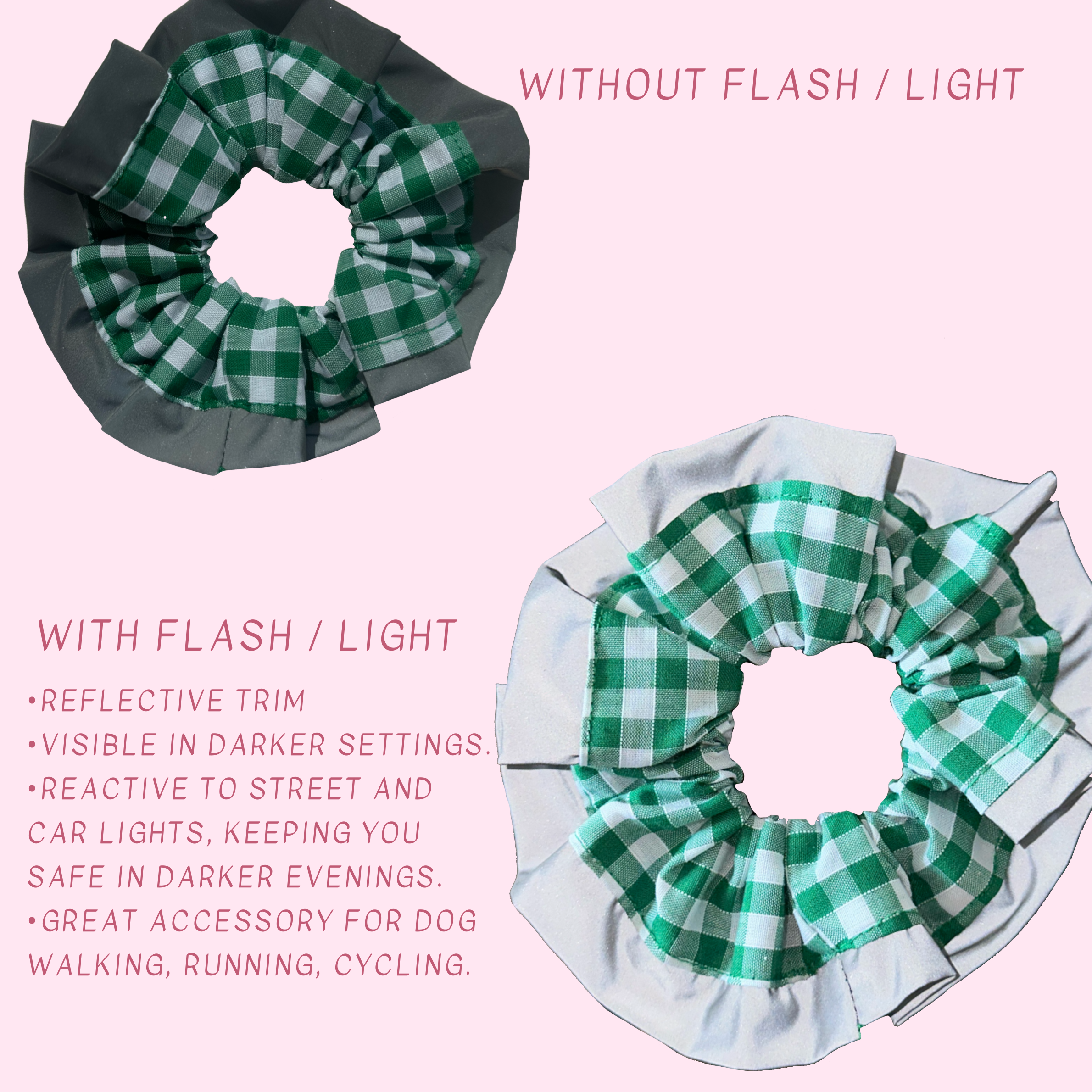 Green Gingham High Visibility Reflective Hair Scrunchie for Running & Walking with Reflective Trim