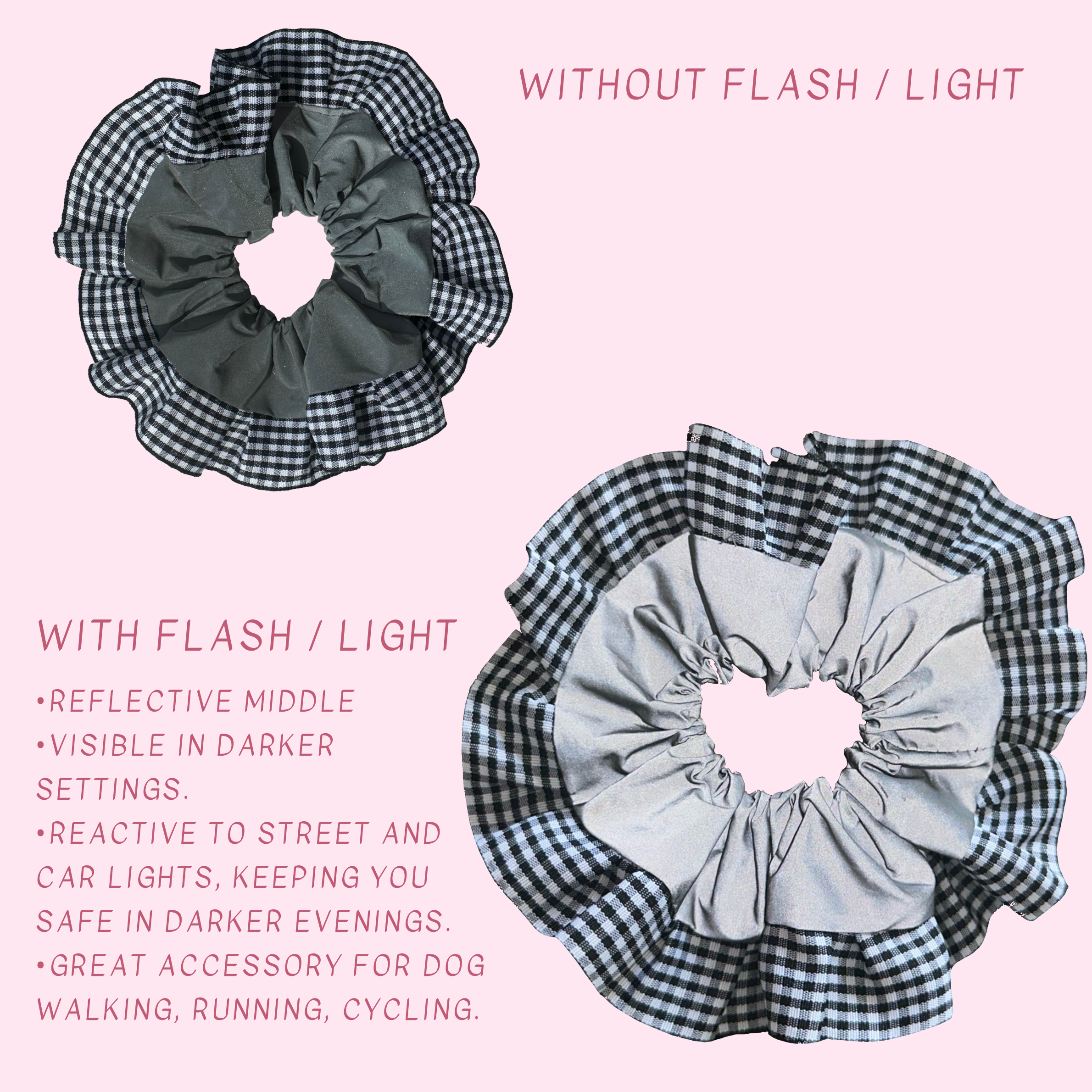 Black Gingham High Visibility Reflective Hair Scrunchie for Running & Walking