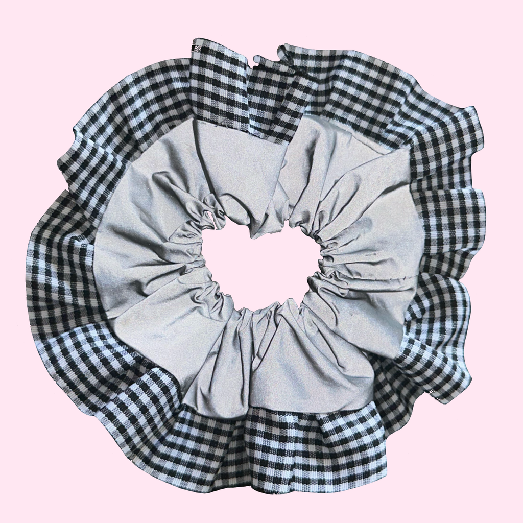 Black Gingham High Visibility Reflective Hair Scrunchie for Running & Walking